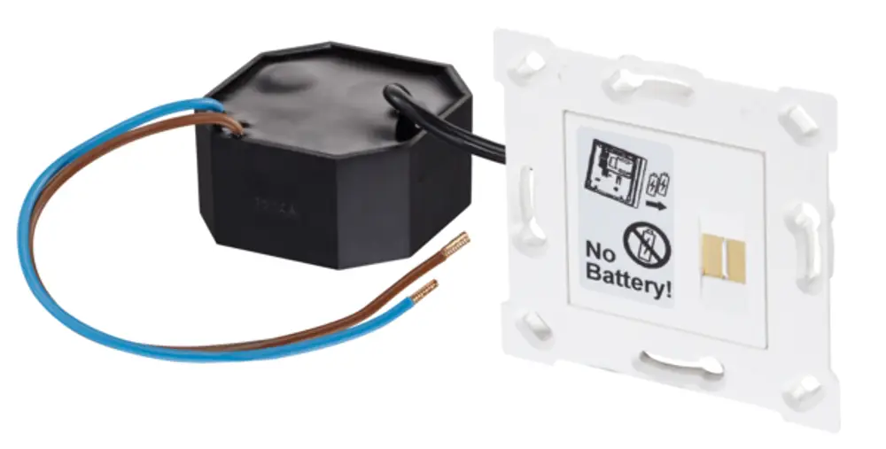 OVENTROP Unterputznetzteil mit Wandhalterung, bestehend aus einer schwarzen Box mit angeschlossenen Drähten und einem weißen Montageblech mit Hinweis auf keine Batterie.